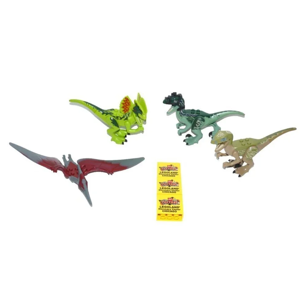 LEGO four Dinosaur Figures and three Legoland Chicago blocks